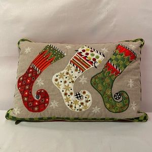 Mackenzie-Childs Trio of Elf Stockings Pillow 12"x18" Lumbar Embroidery Beading
